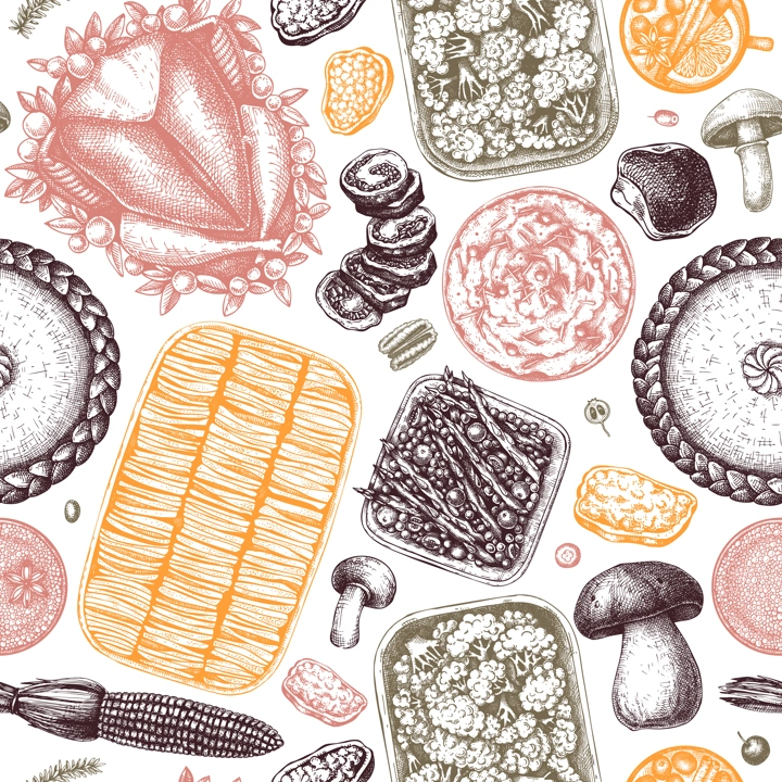 Thanksgiving day table seamless pattern. Roasted turkey, gratin, cooked vegetables, cakes and pies sketches. Traditional Thanksgiving day food. Family dinner background. Vintage backdrop